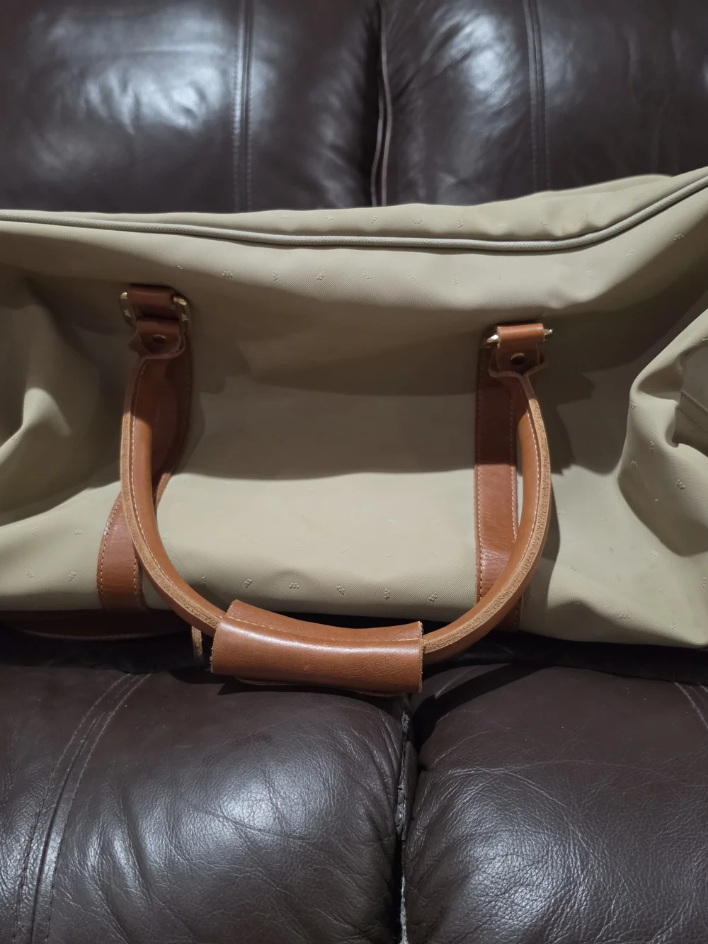 King Ranch Vintage Weekender Duffle Bag Beige Canvas Brown Leather Travel 60cm